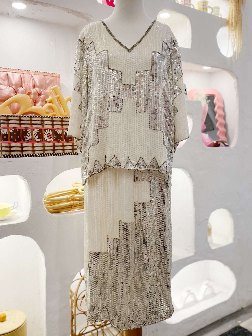 Vintage Silk & Rayon Sequinned and Beaded Short Sleeve Top and Midi Skirt Set